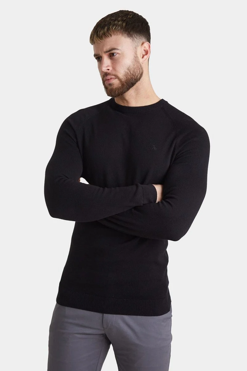 Cotton Crew Neck Jumper in Black - Image 3