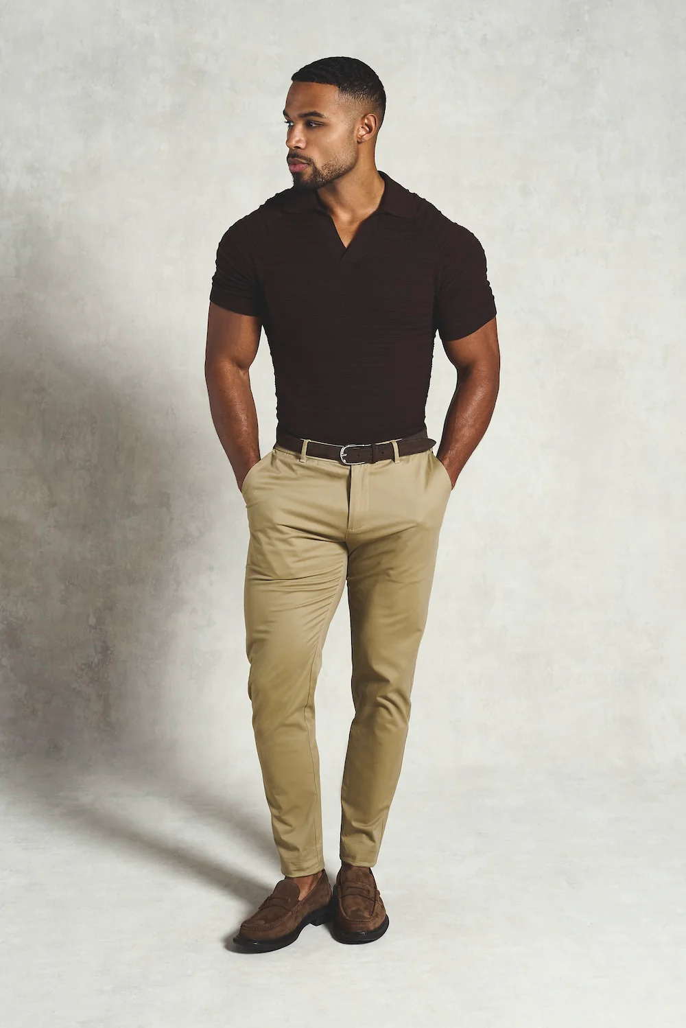 Horizontal Stripe Cotton Knitted Polo Shirt in Chocolate - Image 3