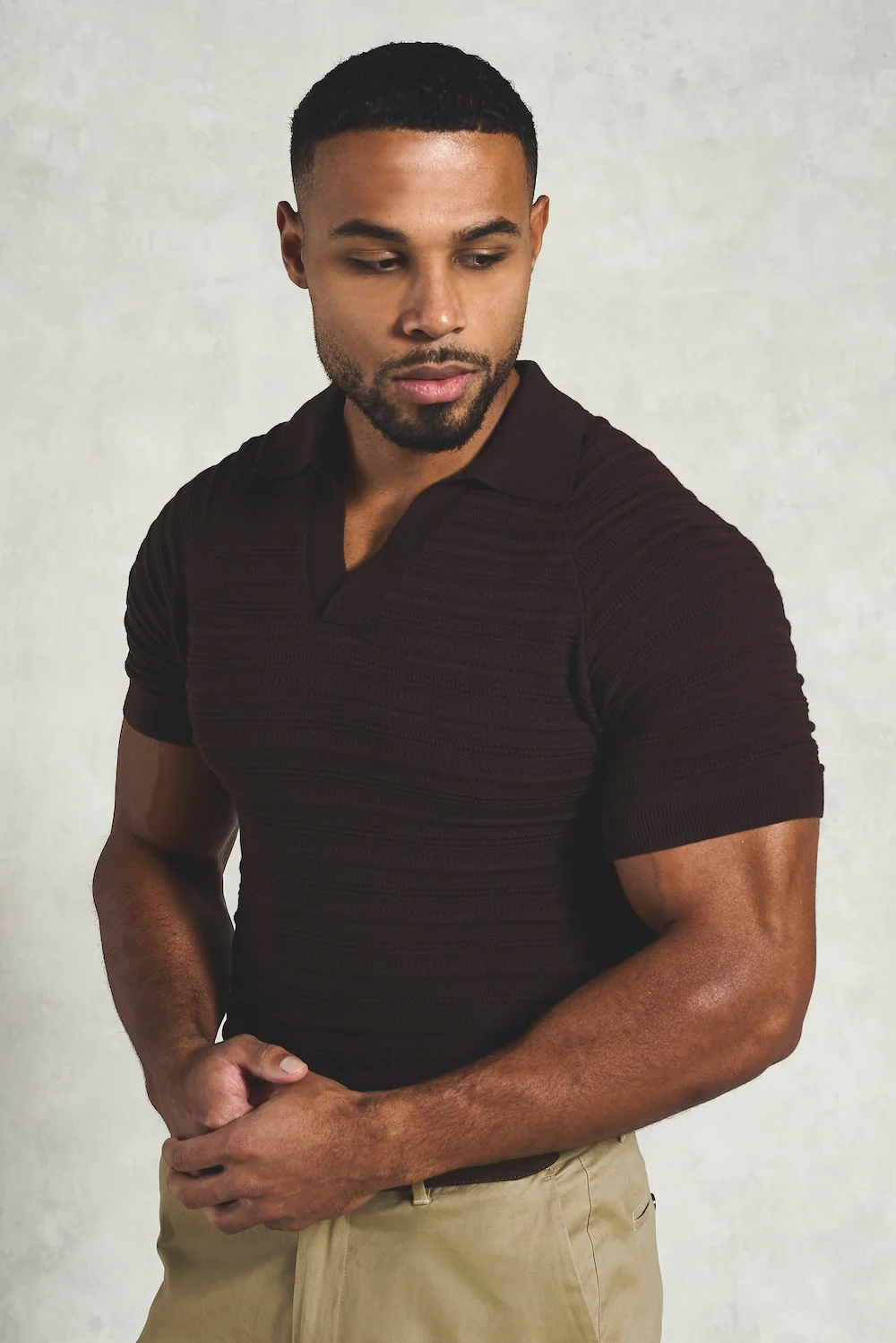 Horizontal Stripe Cotton Knitted Polo Shirt in Chocolate - Image 4