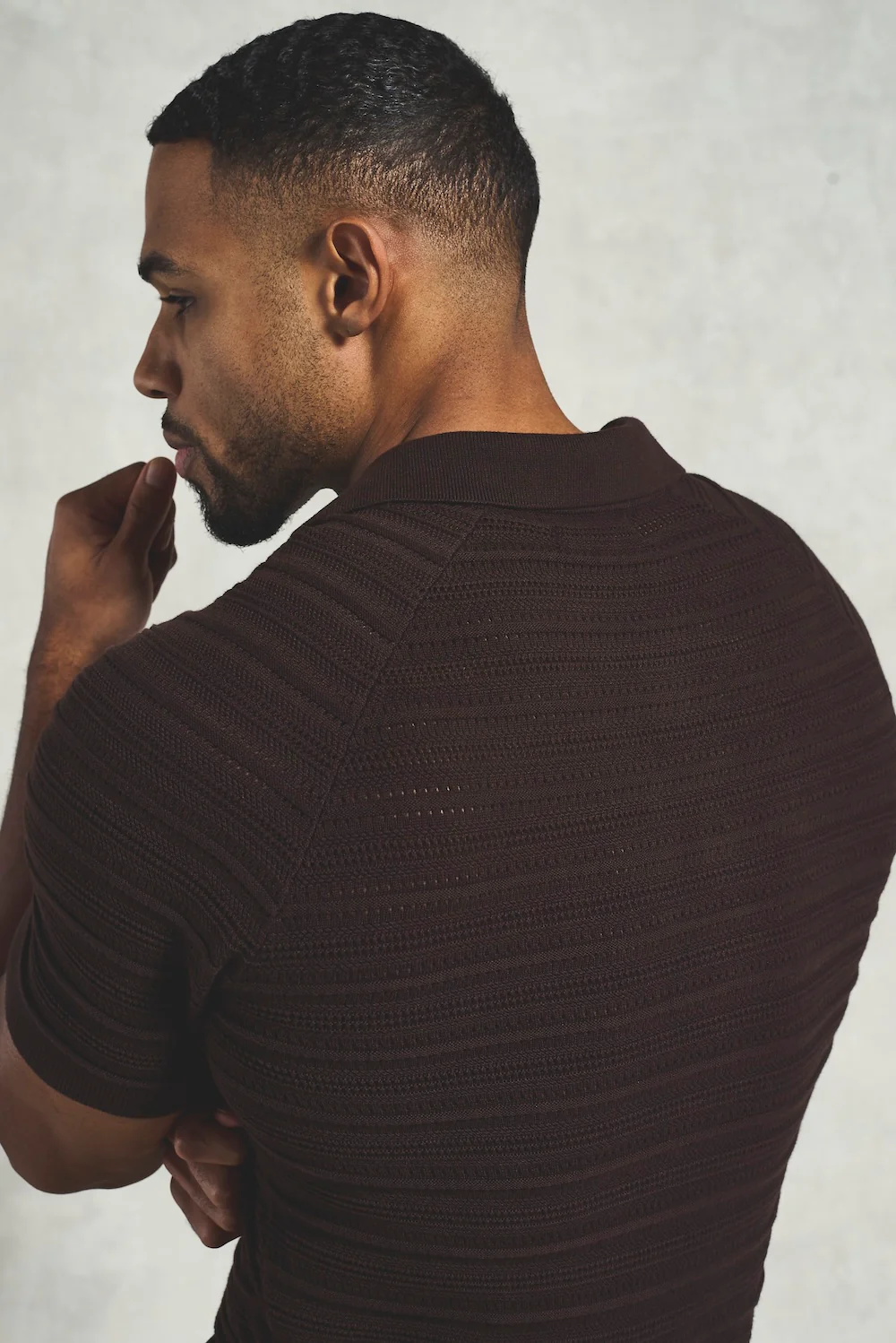 Horizontal Stripe Cotton Knitted Polo Shirt in Chocolate - Image 6