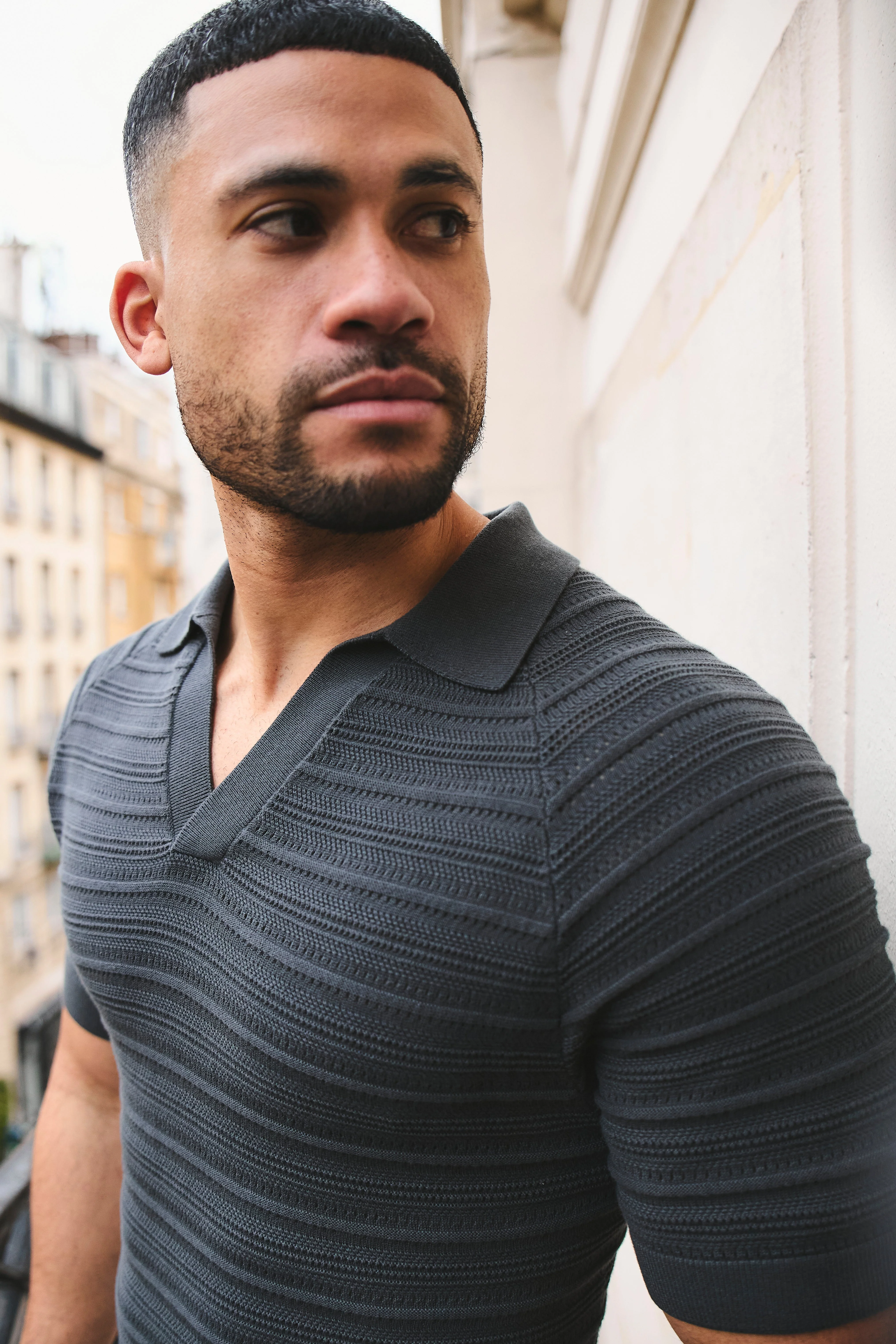 Horizontal Stripe Cotton Knitted Polo Shirt in Grey - Image 4