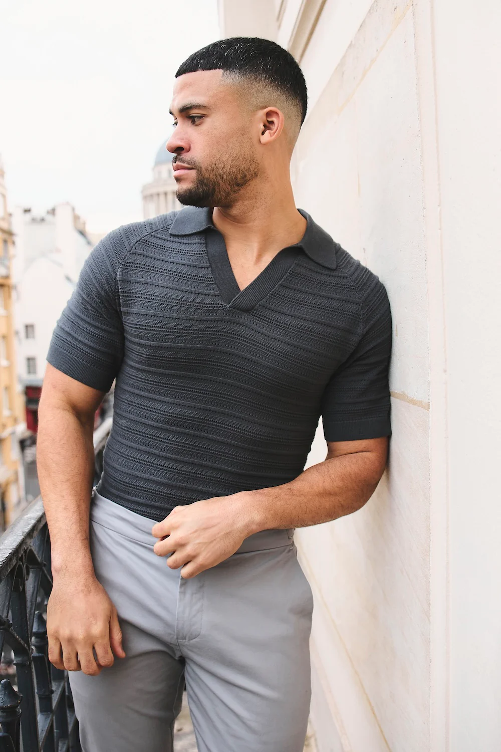 Horizontal Stripe Cotton Knitted Polo Shirt in Grey - Image 5