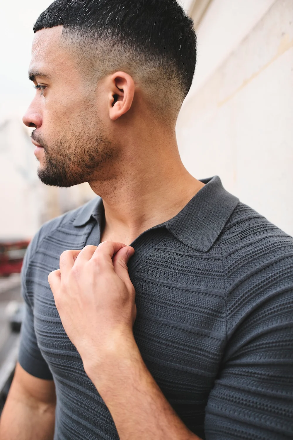 Horizontal Stripe Cotton Knitted Polo Shirt in Grey - Image 6