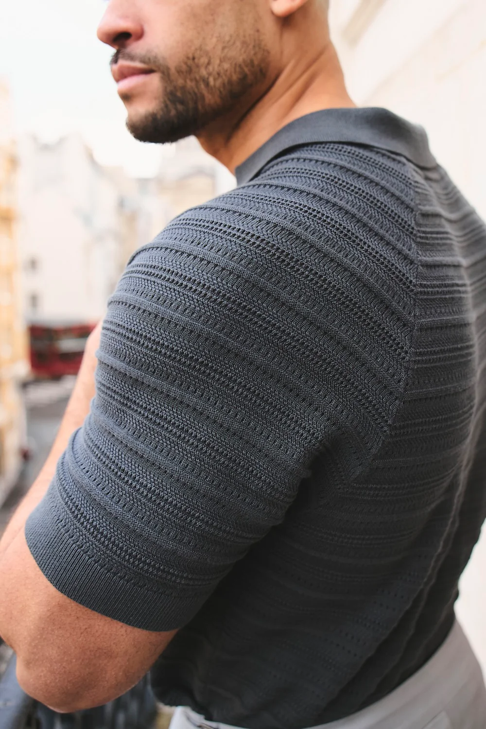 Horizontal Stripe Cotton Knitted Polo Shirt in Grey - Image 8