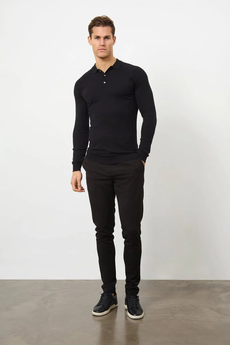Knitted Polo Shirt in Black - Image 5
