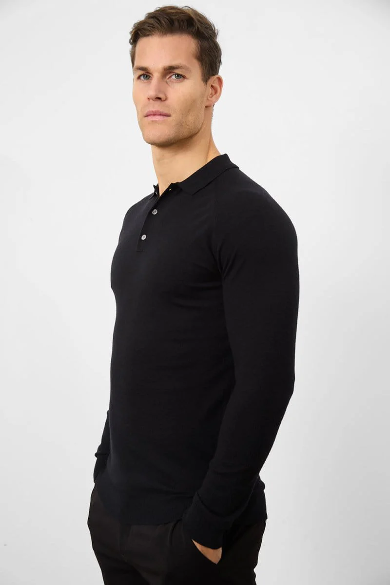 Knitted Polo Shirt in Black - Image 6
