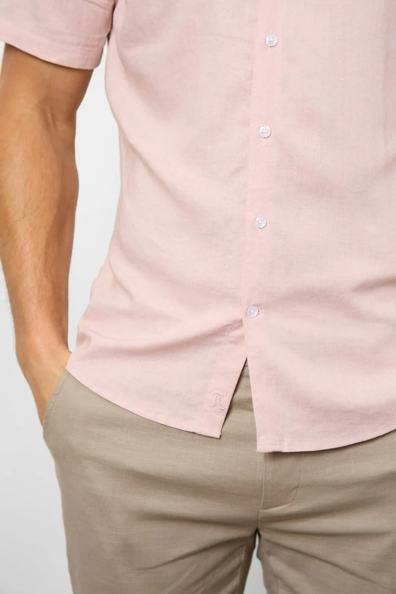 Stretch Linen Blend Button Through Shirt in Pink - Image 3