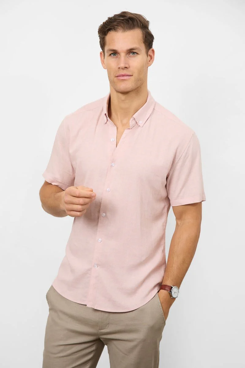 Stretch Linen Blend Button Through Shirt in Pink - Image 4
