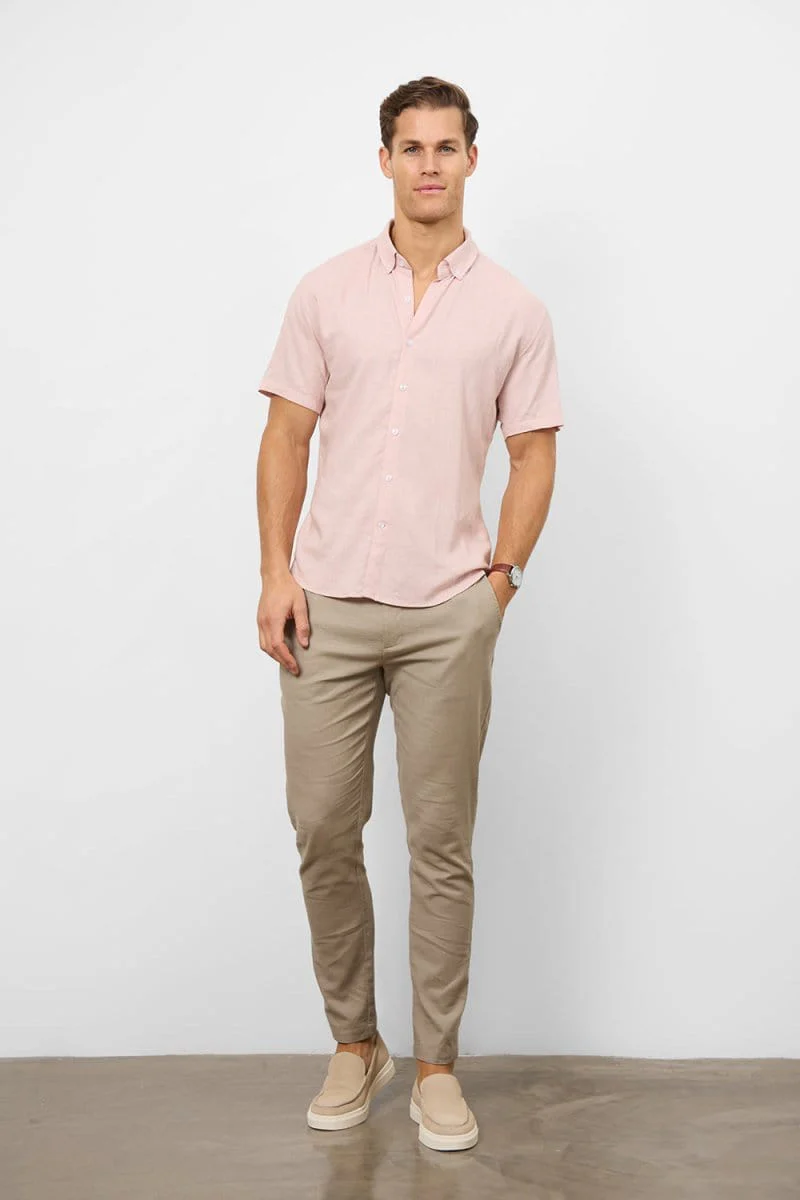 Stretch Linen Blend Button Through Shirt in Pink - Image 5