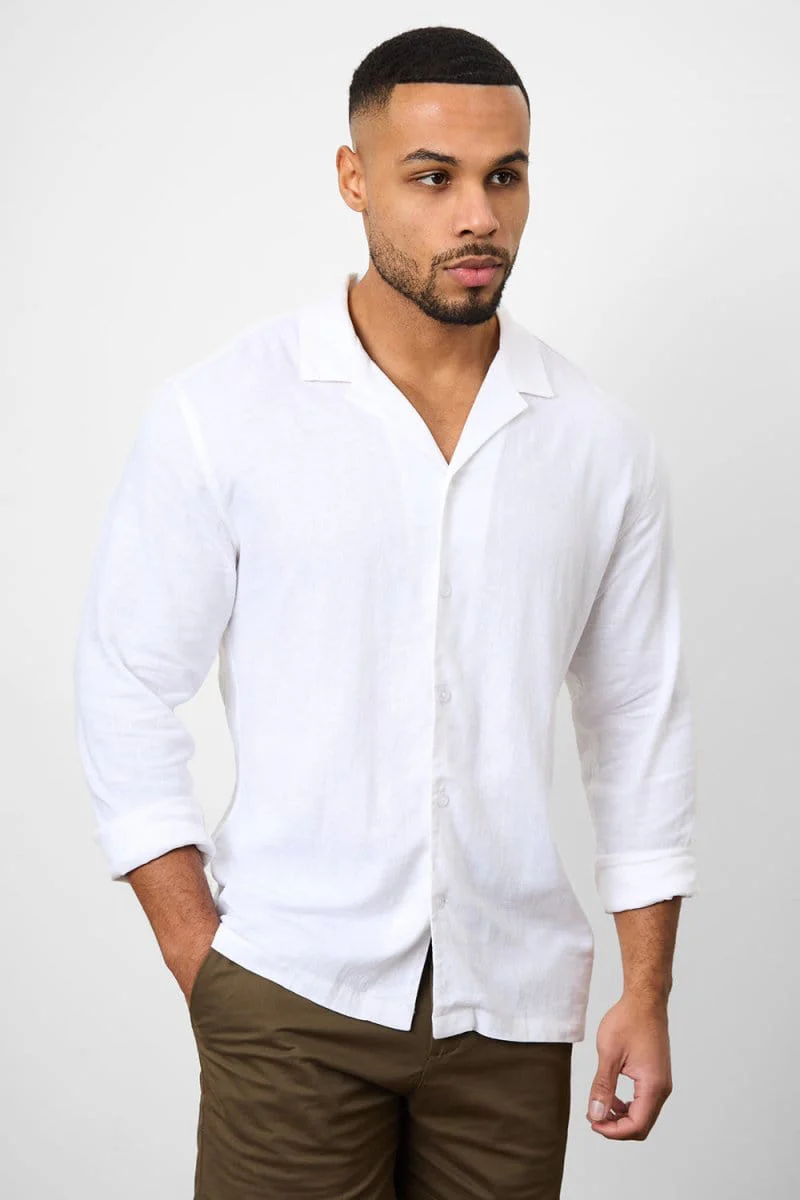 Stretch Linen Blend Cuban Collar Shirt in White - Image 4