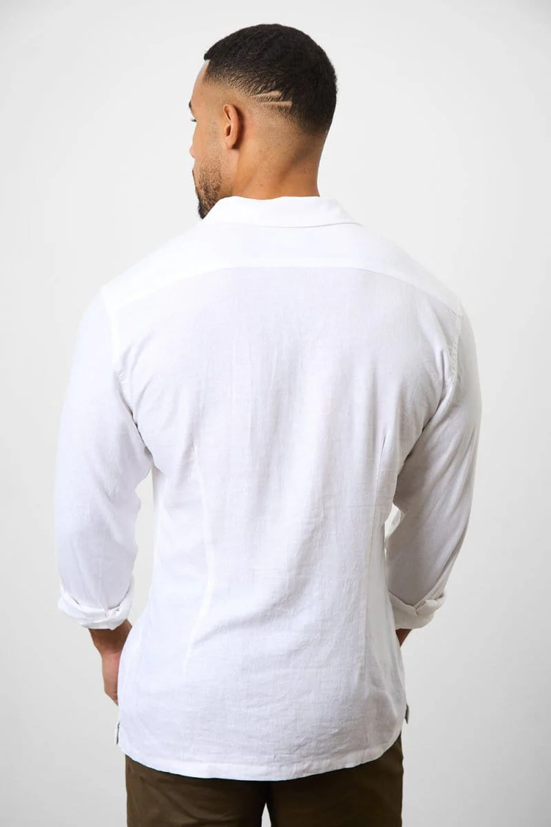 Stretch Linen Blend Cuban Collar Shirt in White - Image 6