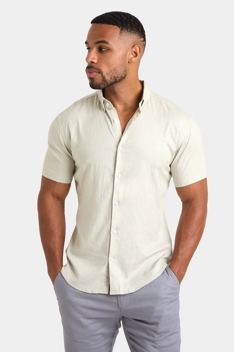 Short Sleeve Linen Blend Shirt in Soft Mint - Image 5