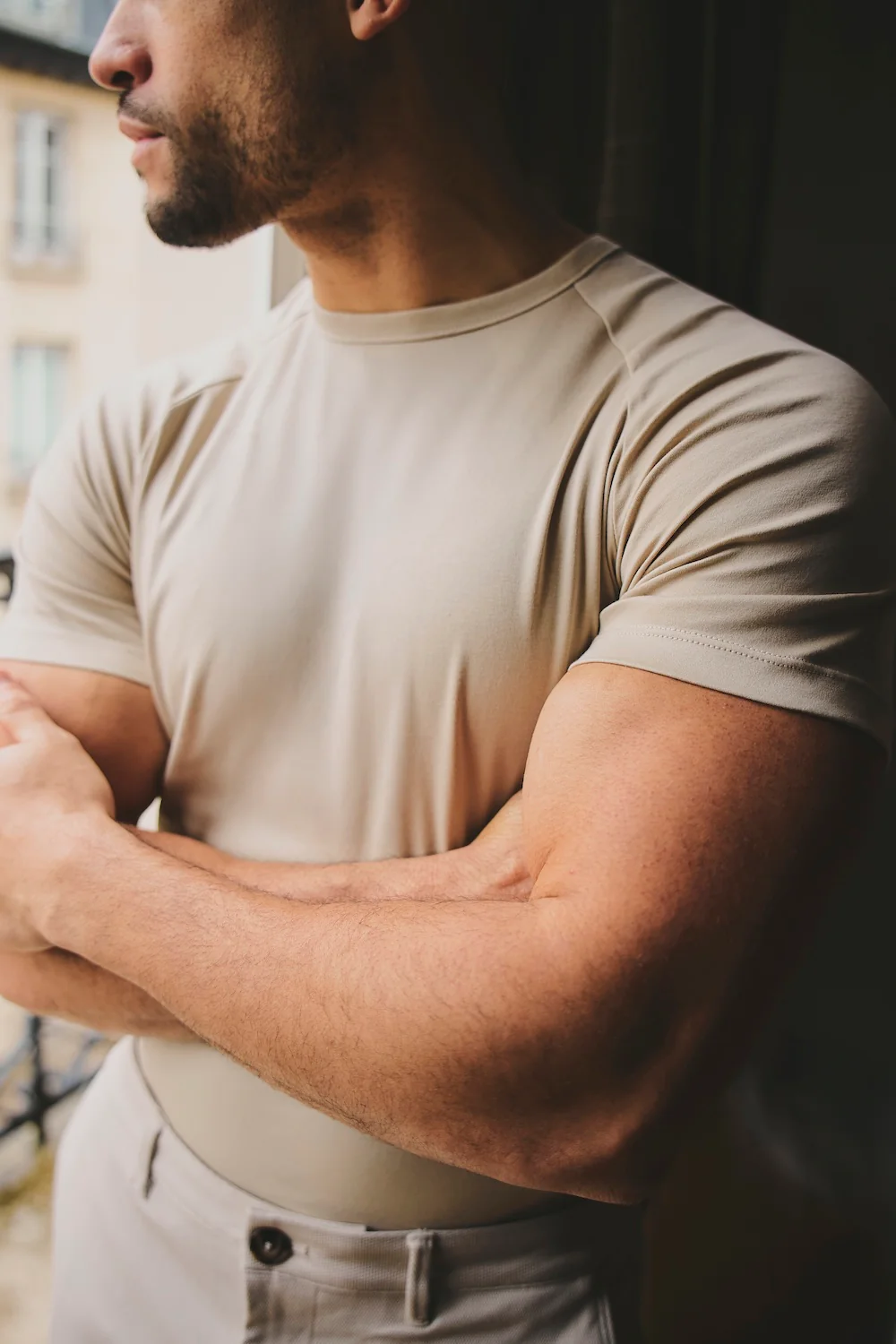 Mercerised Cotton T-Shirt in Stone - Image 4