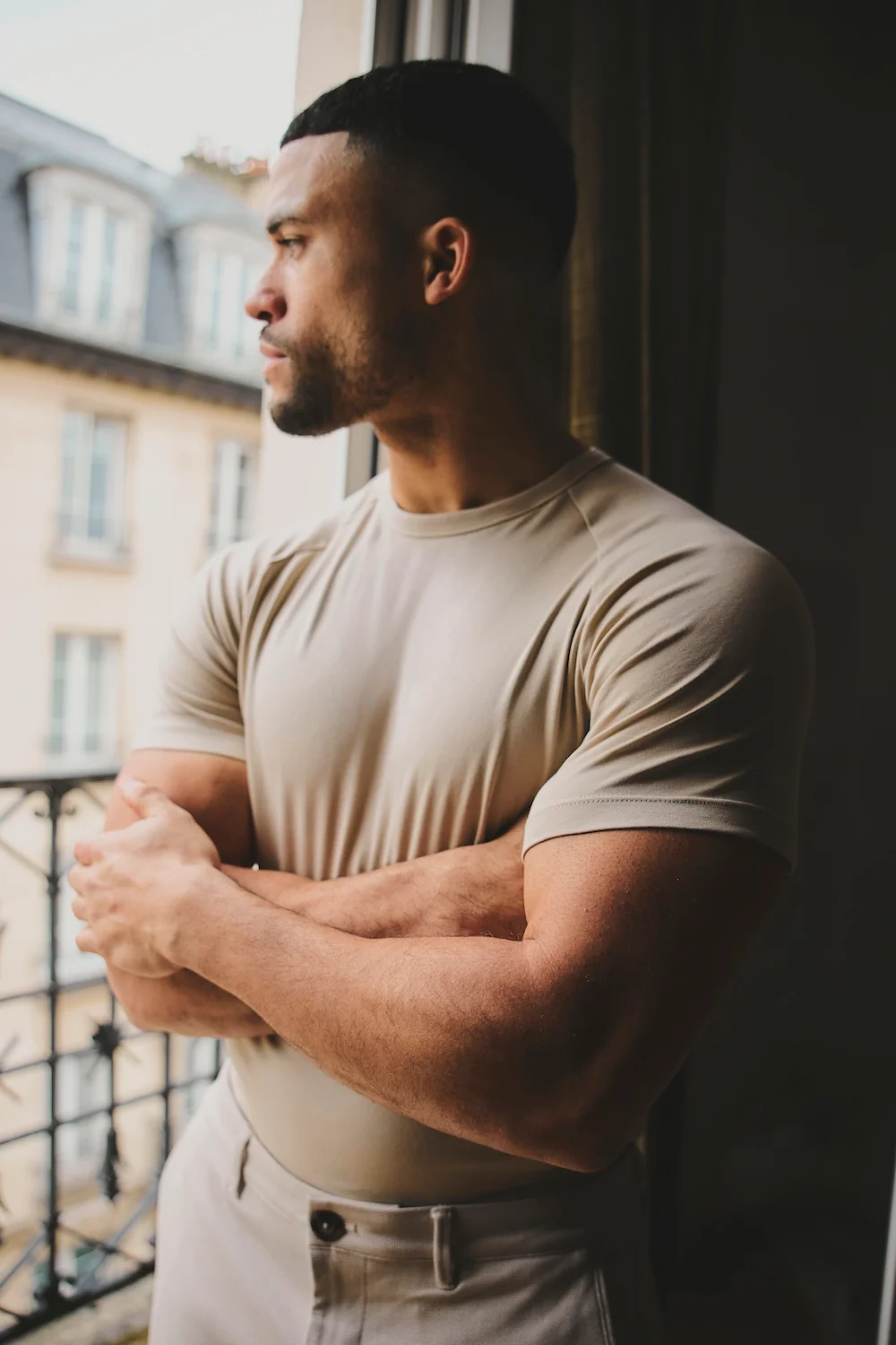 Mercerised Cotton T-Shirt in Stone - Image 6