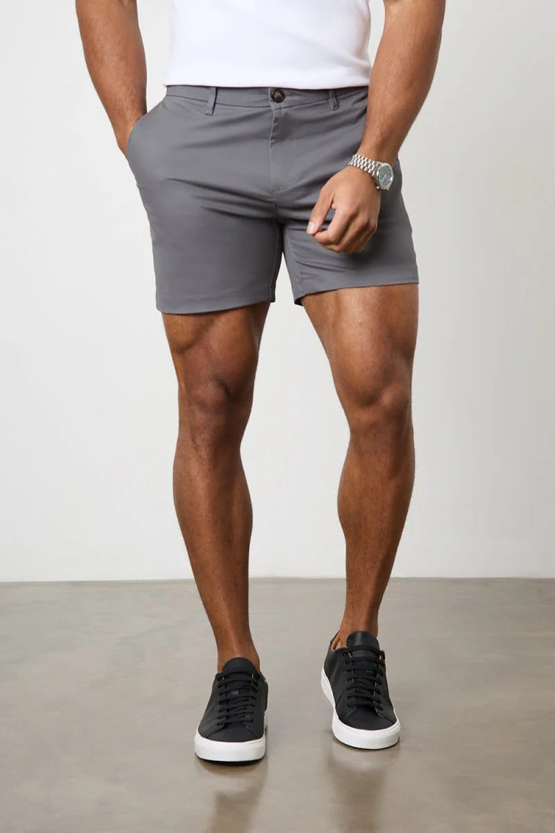 Muscle Fit Stretch Chino Shorts - Shorter Length in Dark Grey - Image 4