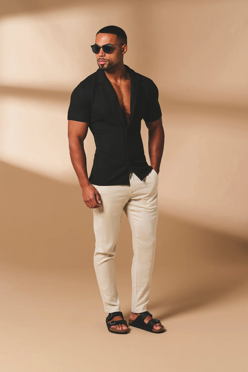 Stripe Patterned Cuban Collar Shirt in Black - Image 4