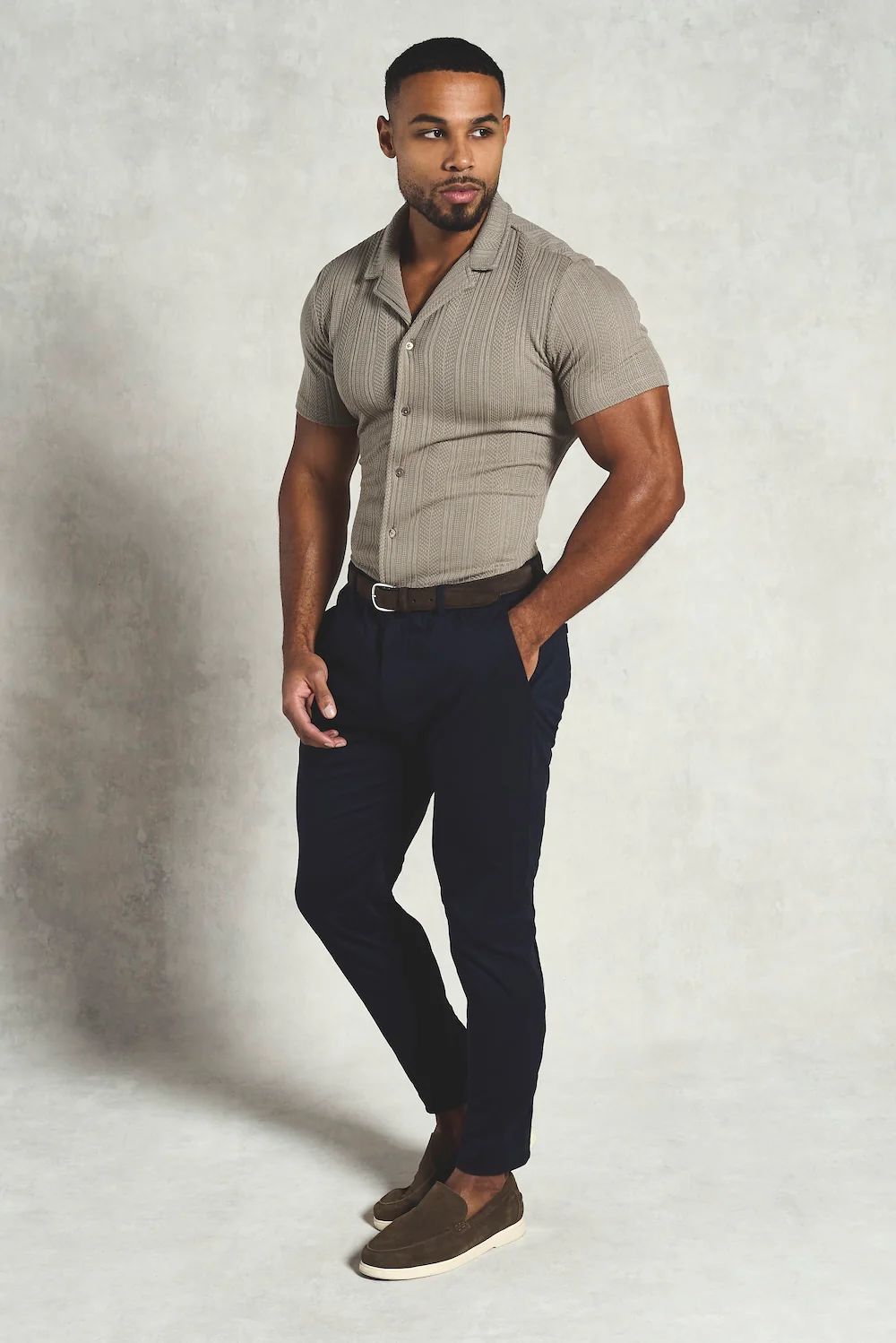 Stripe Patterned Cuban Collar Shirt in Dark Putty - Image 3