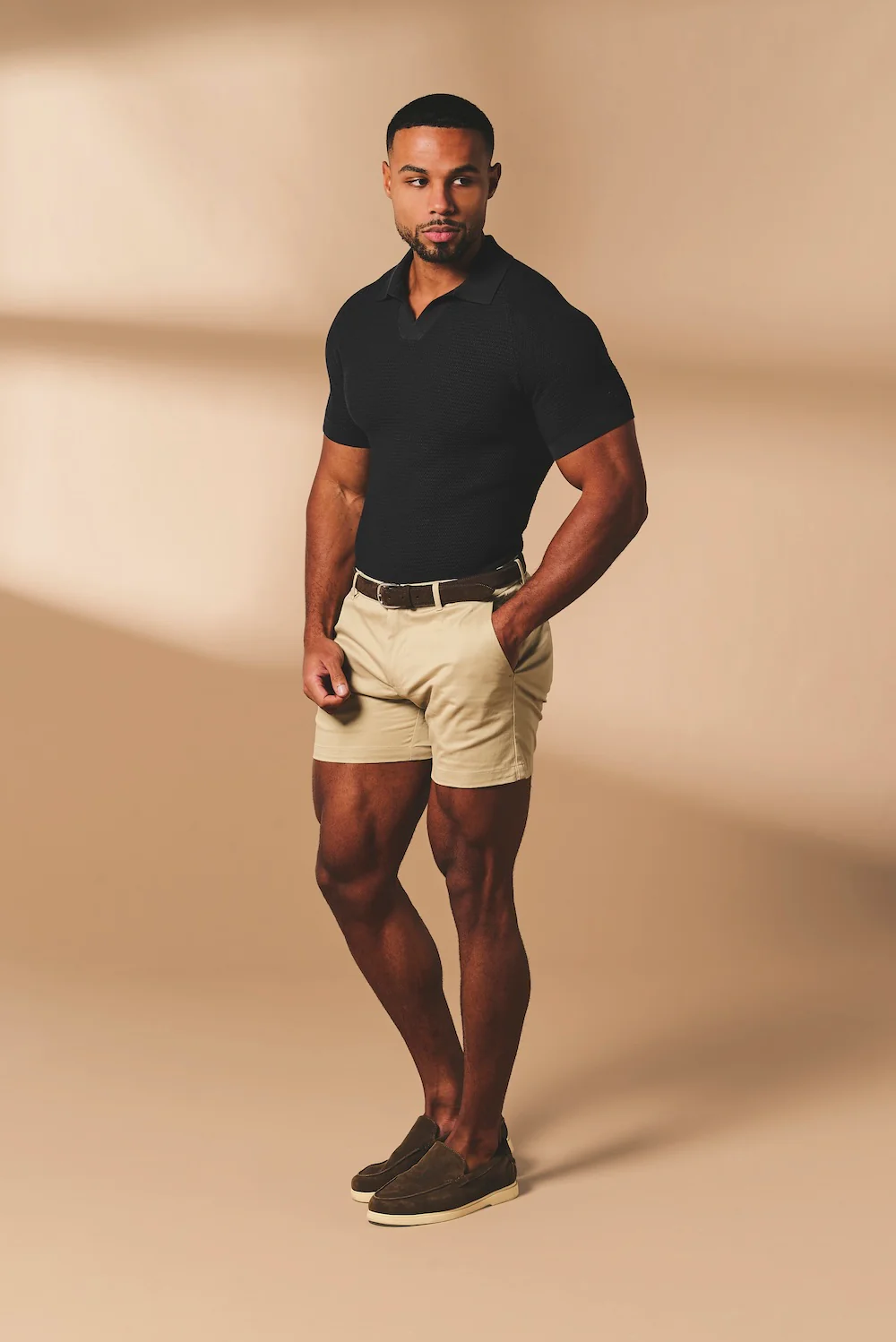 Textured Knitted Open Collar Polo Shirt in Black - Image 3