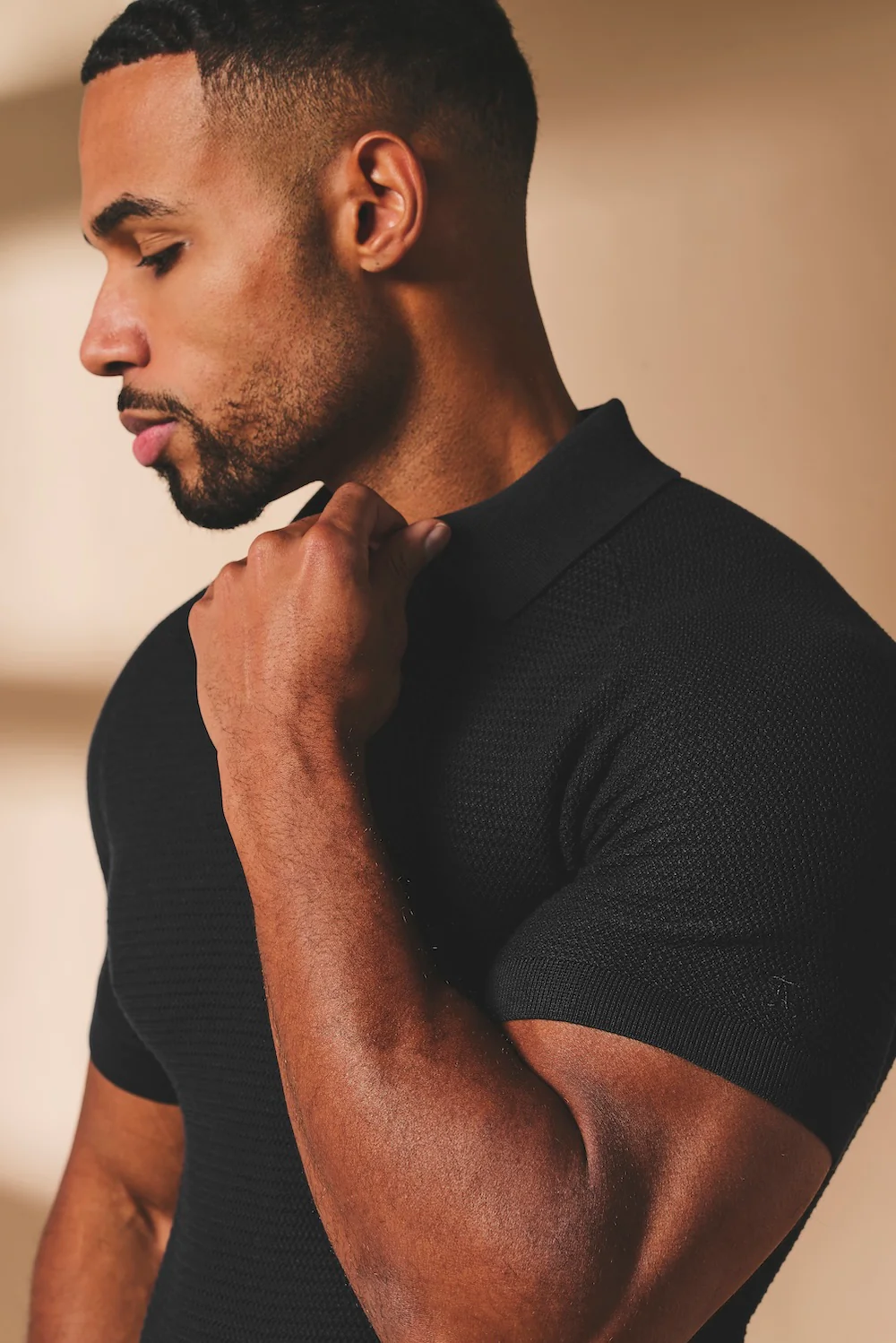Textured Knitted Open Collar Polo Shirt in Black - Image 4