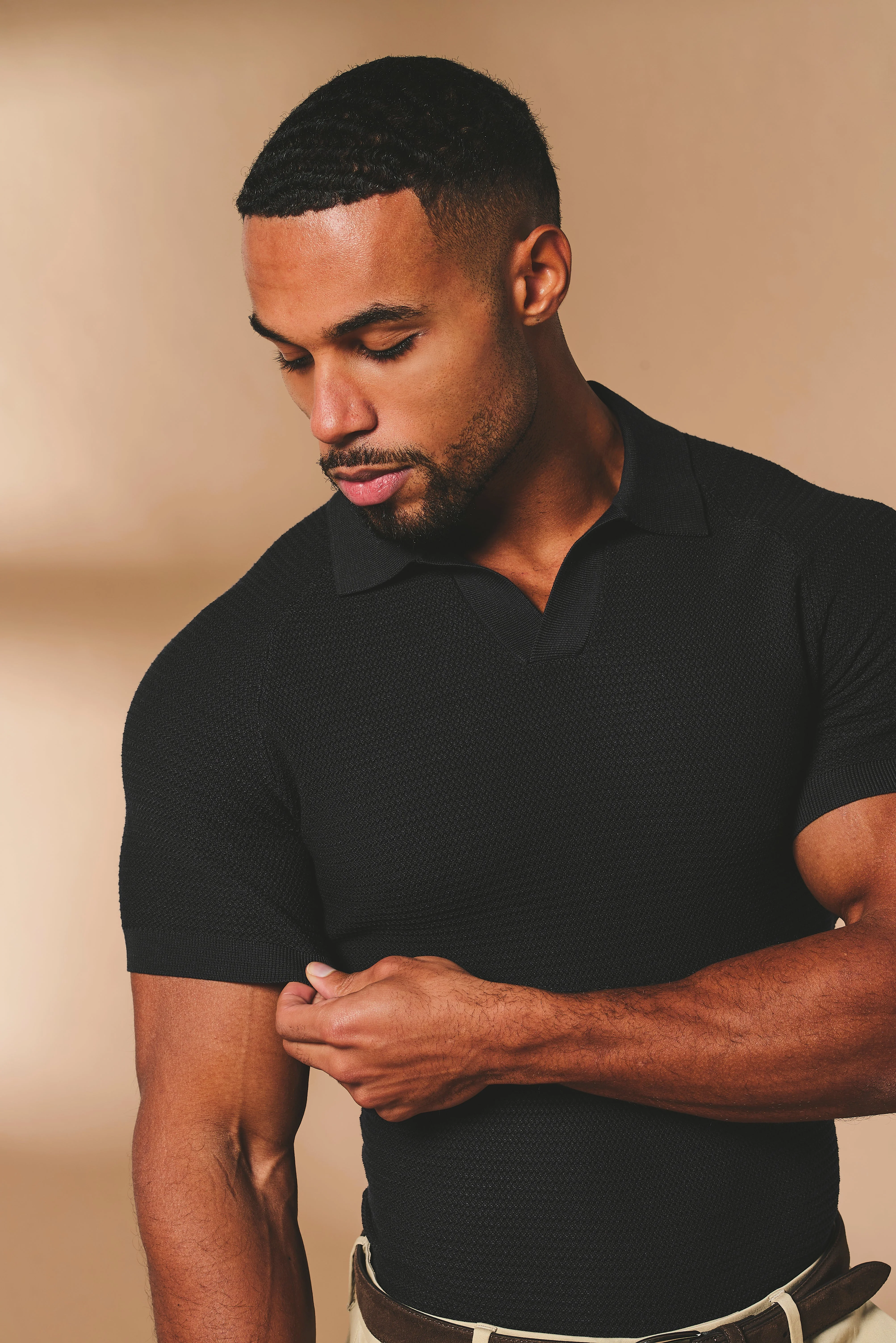 Textured Knitted Open Collar Polo Shirt in Black - Image 5