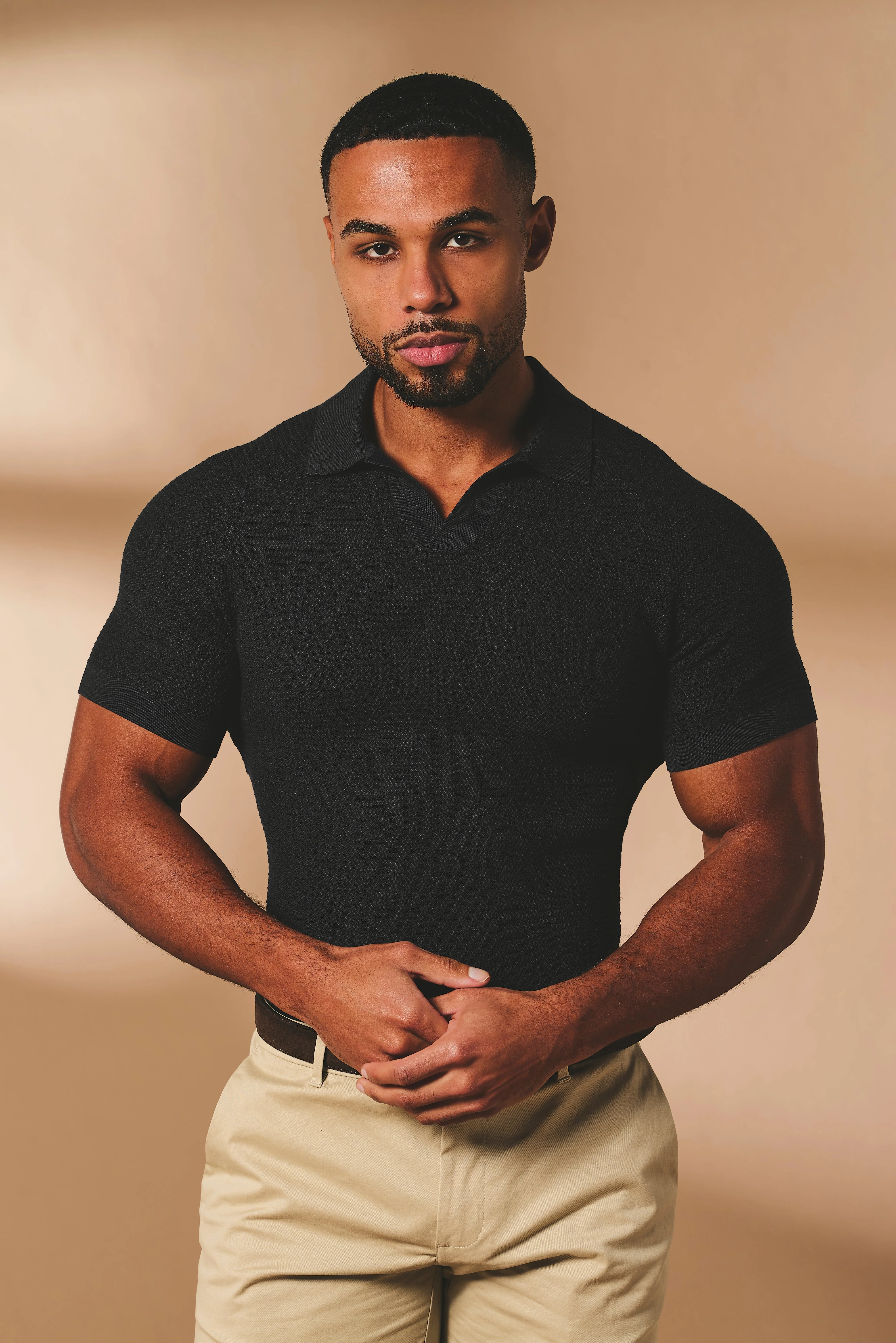 Textured Knitted Open Collar Polo Shirt in Black - Image 6