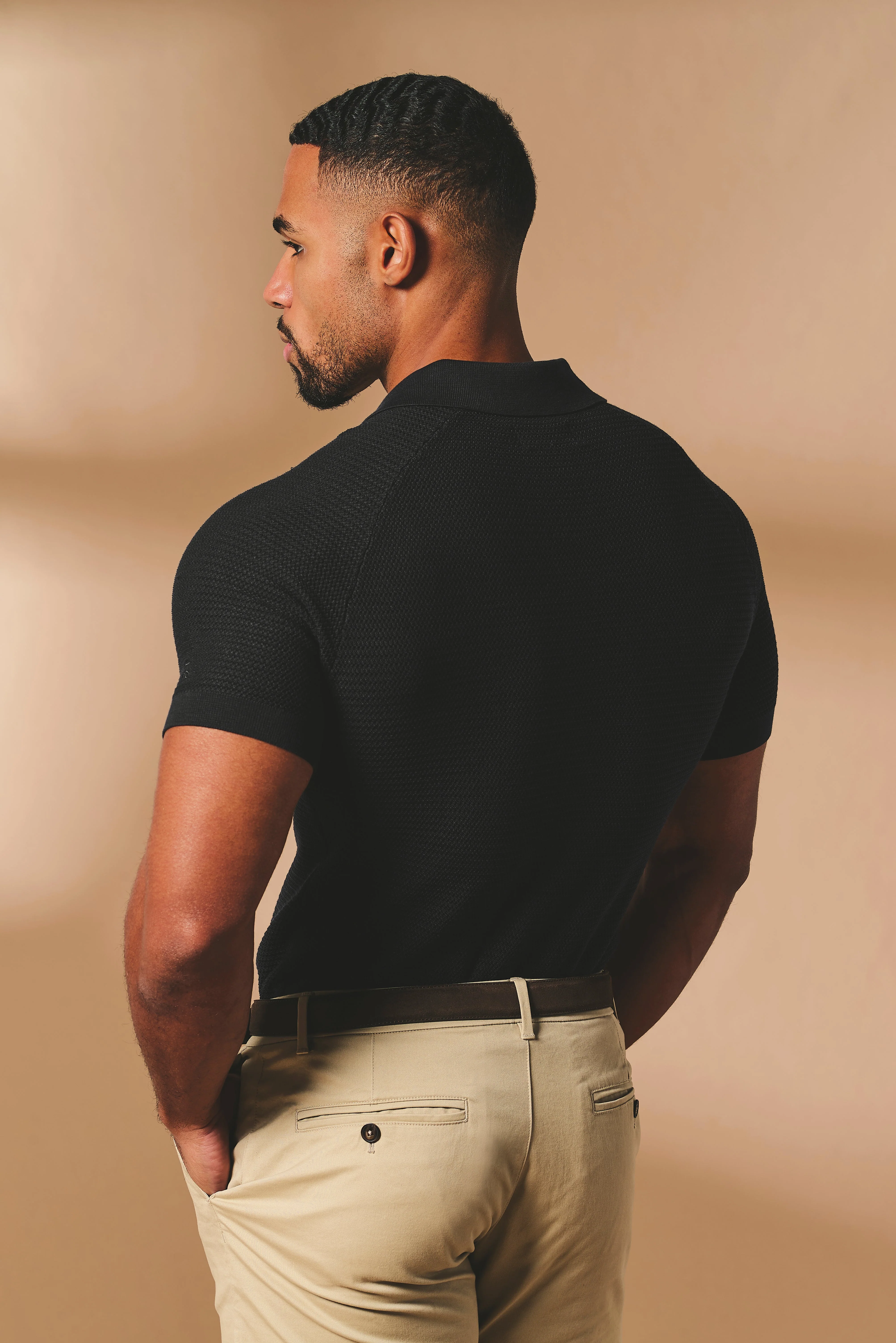 Textured Knitted Open Collar Polo Shirt in Black - Image 7