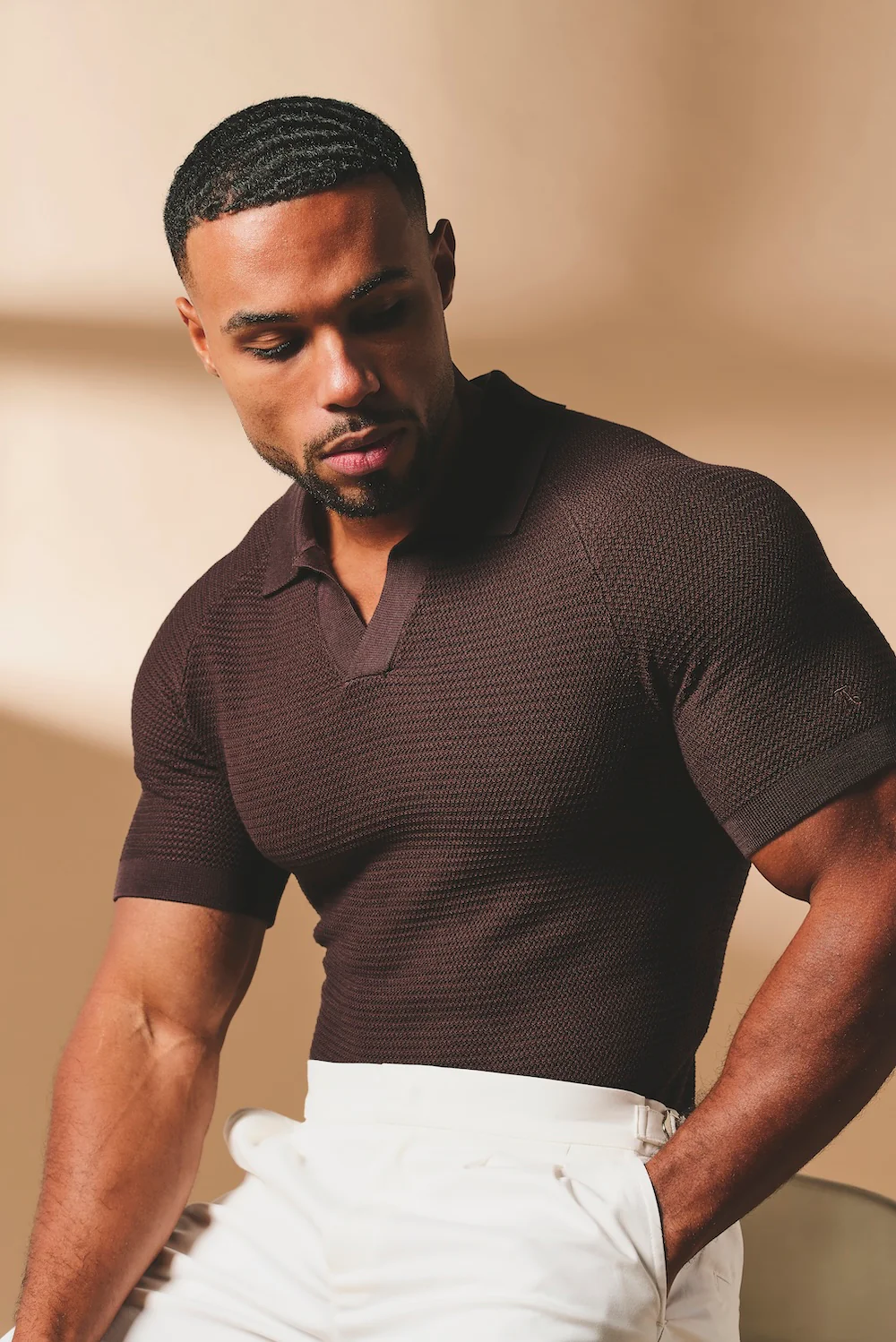 Textured Knitted Open Collar Polo Shirt in Chocolate - Image 3