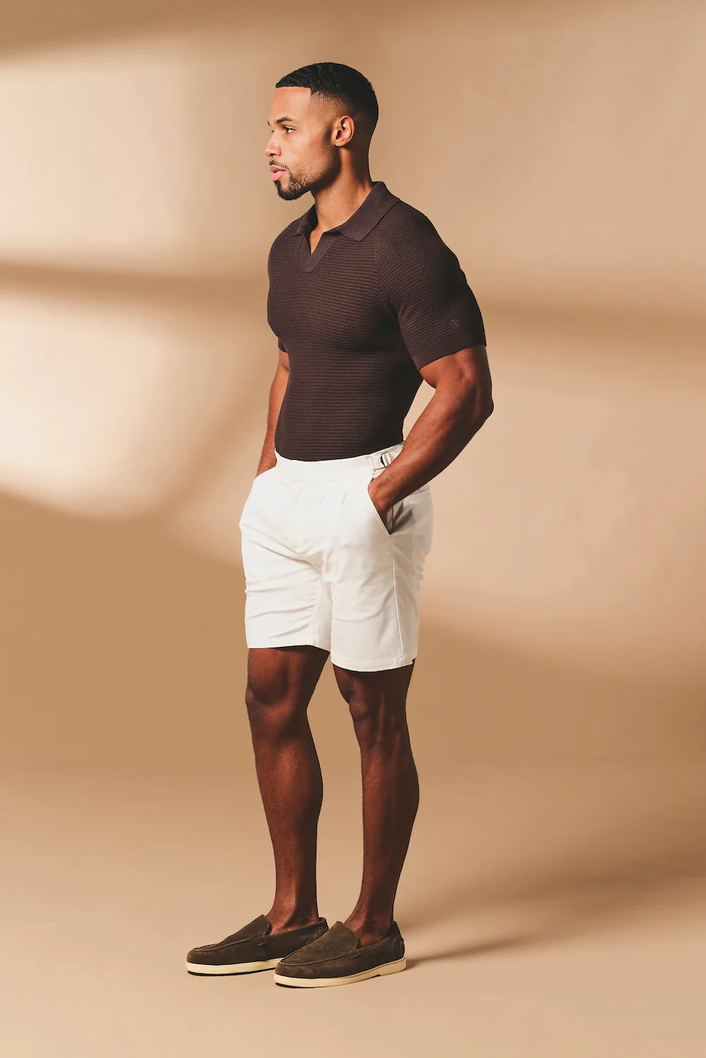 Textured Knitted Open Collar Polo Shirt in Chocolate - Image 4