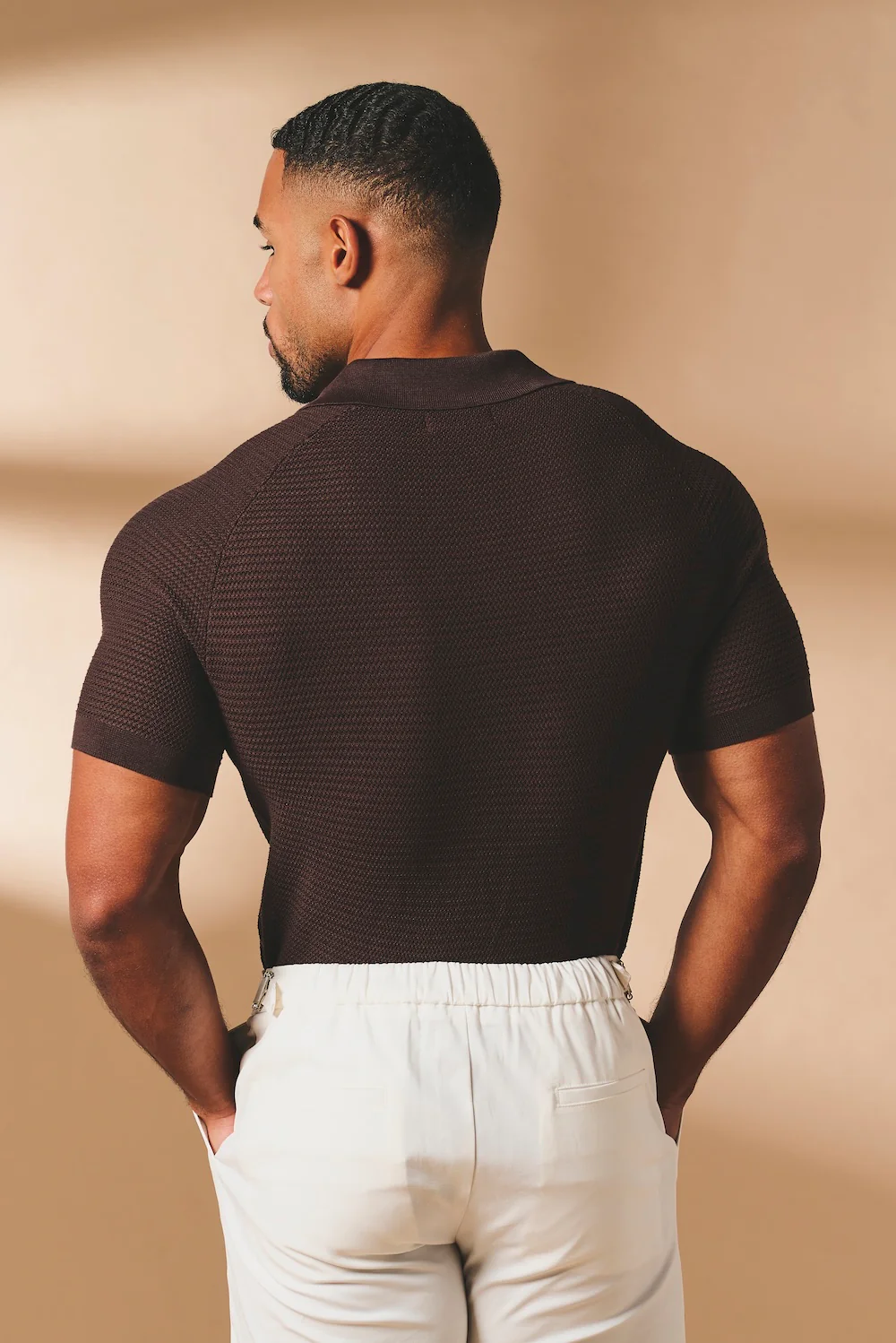 Textured Knitted Open Collar Polo Shirt in Chocolate - Image 6