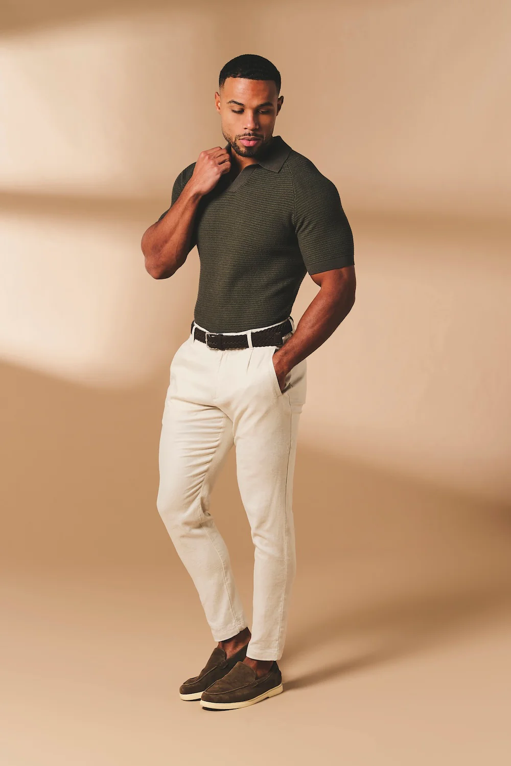Textured Knitted Open Collar Polo Shirt in Dark Olive - Image 3