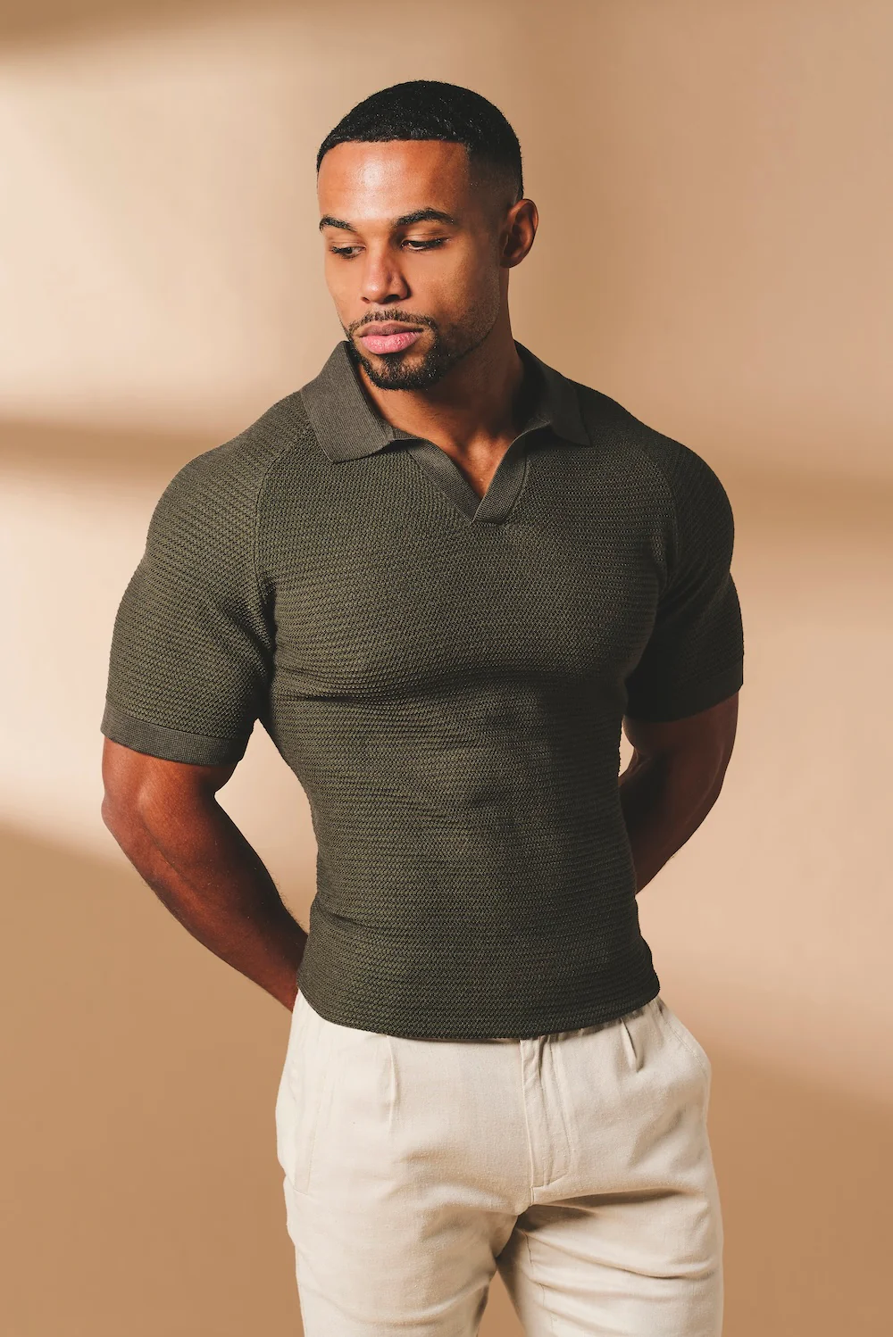 Textured Knitted Open Collar Polo Shirt in Dark Olive - Image 5