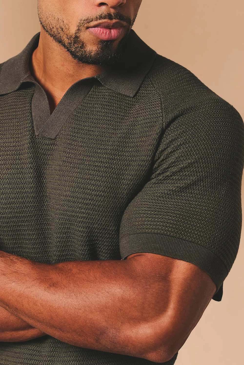 Textured Knitted Open Collar Polo Shirt in Dark Olive - Image 6