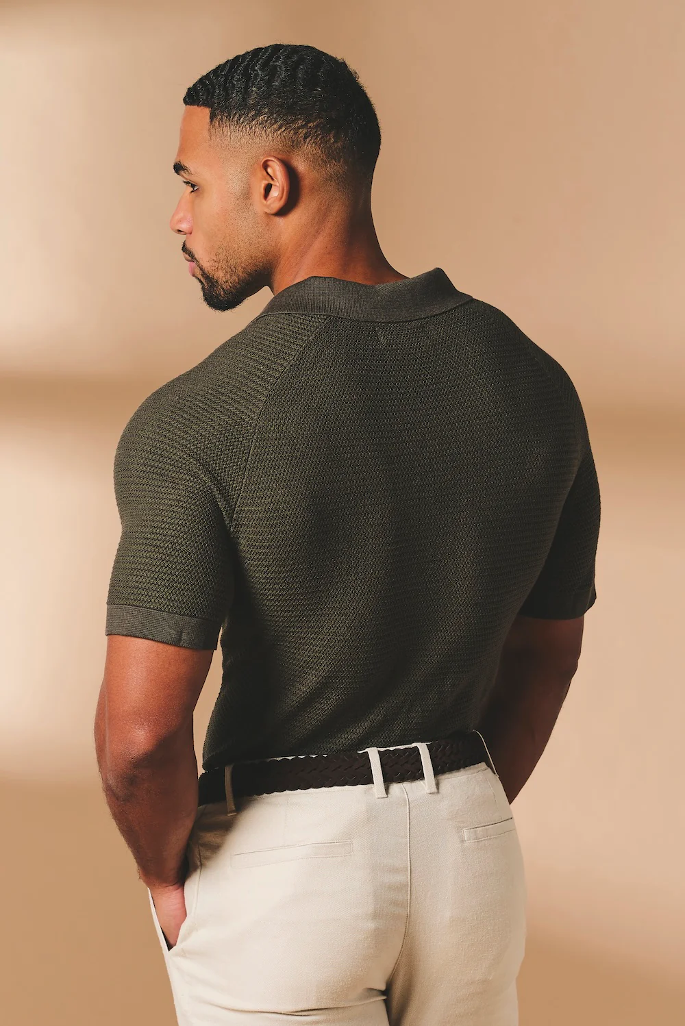 Textured Knitted Open Collar Polo Shirt in Dark Olive - Image 7