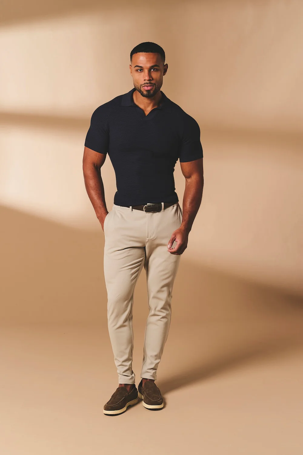 Textured Knitted Open Collar Polo Shirt in Navy - Image 3