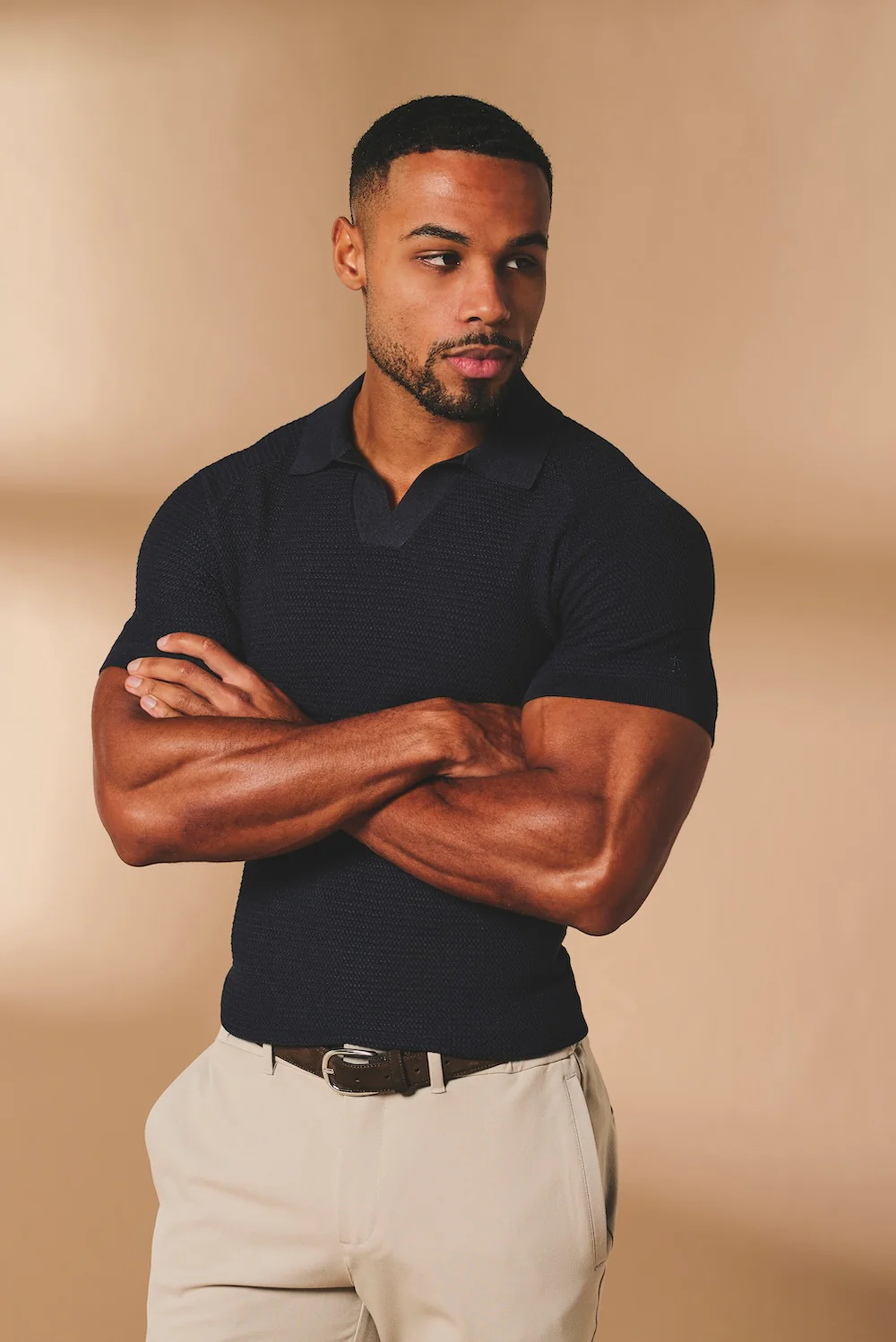 Textured Knitted Open Collar Polo Shirt in Navy - Image 4