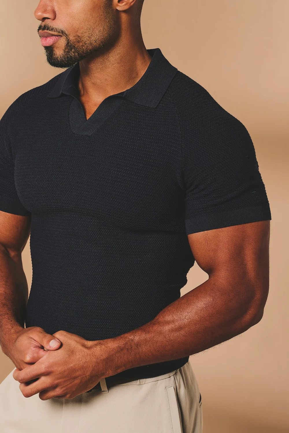 Textured Knitted Open Collar Polo Shirt in Navy - Image 5