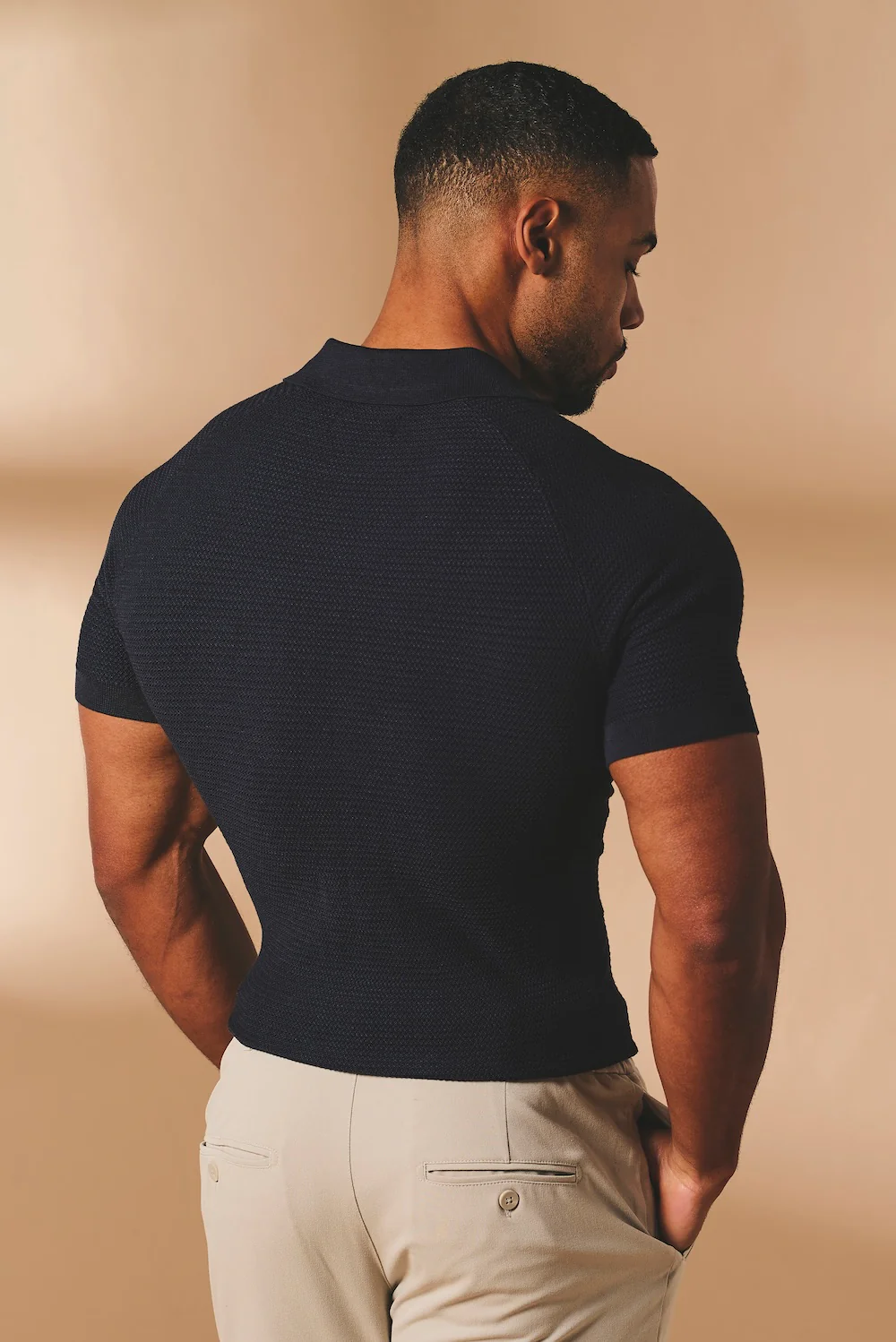 Textured Knitted Open Collar Polo Shirt in Navy - Image 6