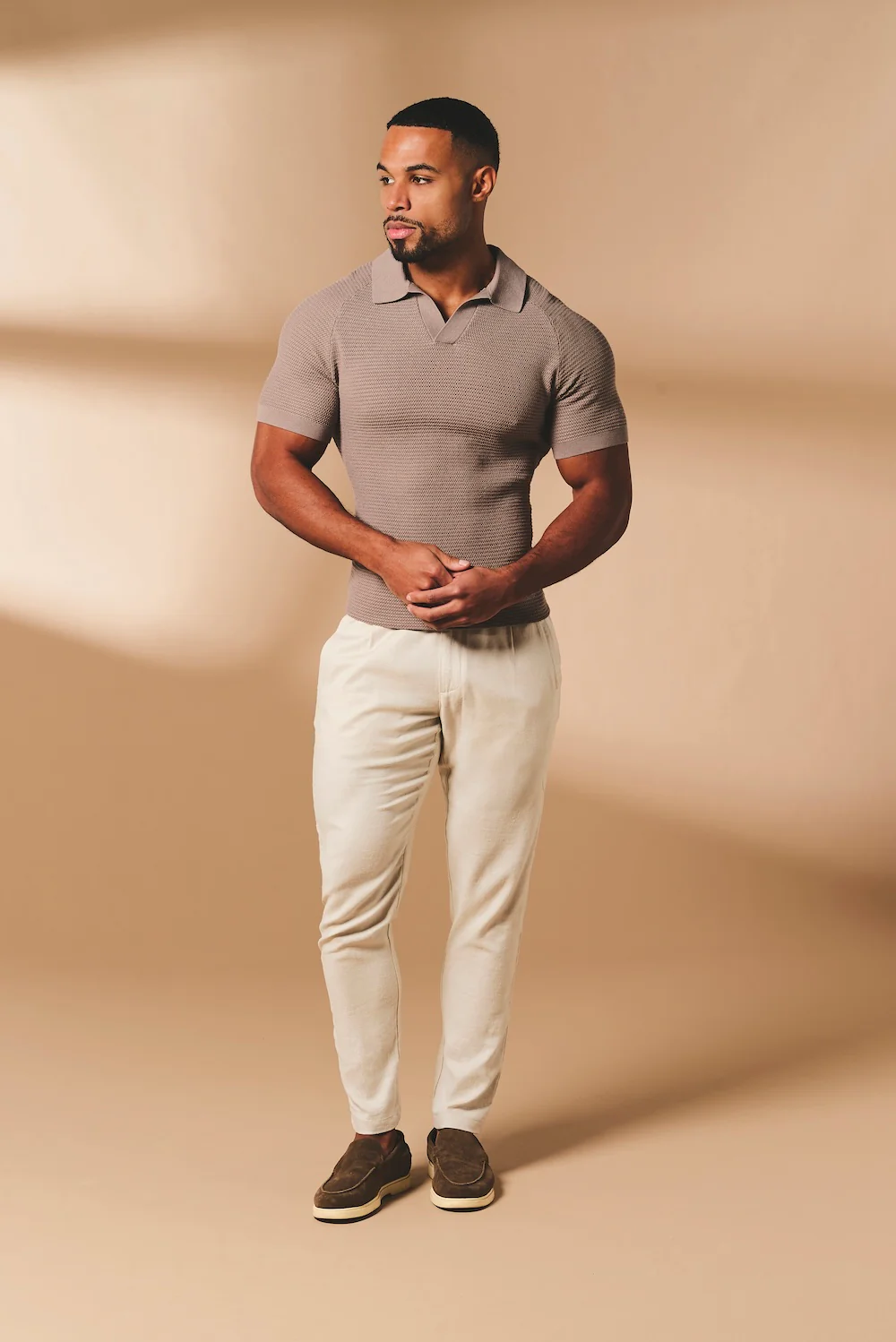 Textured Knitted Open Collar Polo Shirt in Mink - Image 3