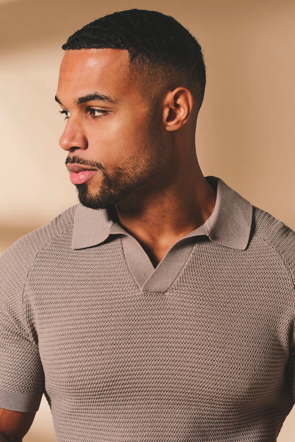 Textured Knitted Open Collar Polo Shirt in Mink - Image 6