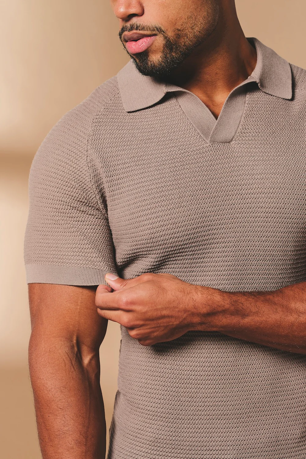 Textured Knitted Open Collar Polo Shirt in Mink - Image 7