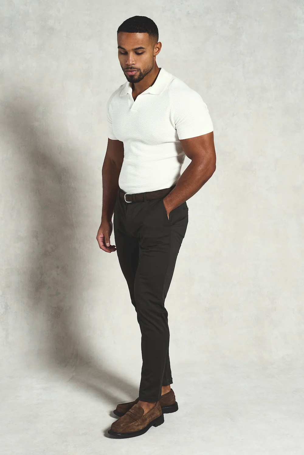Textured Knitted Open Collar Polo Shirt in Off White - Image 3