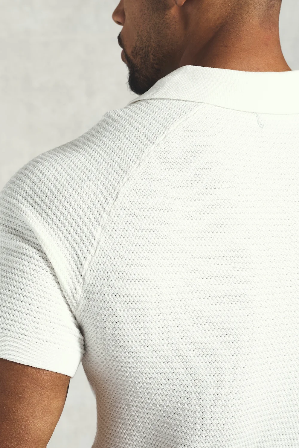 Textured Knitted Open Collar Polo Shirt in Off White - Image 6