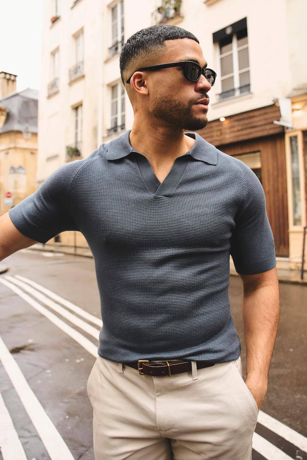 Textured Knitted Open Collar Polo Shirt in Slate Blue - Image 3