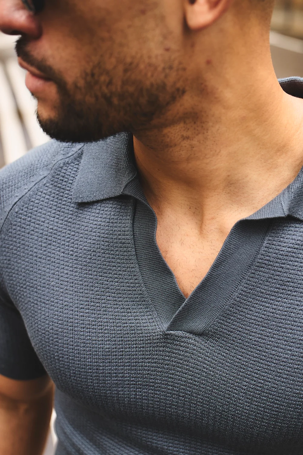 Textured Knitted Open Collar Polo Shirt in Slate Blue - Image 4