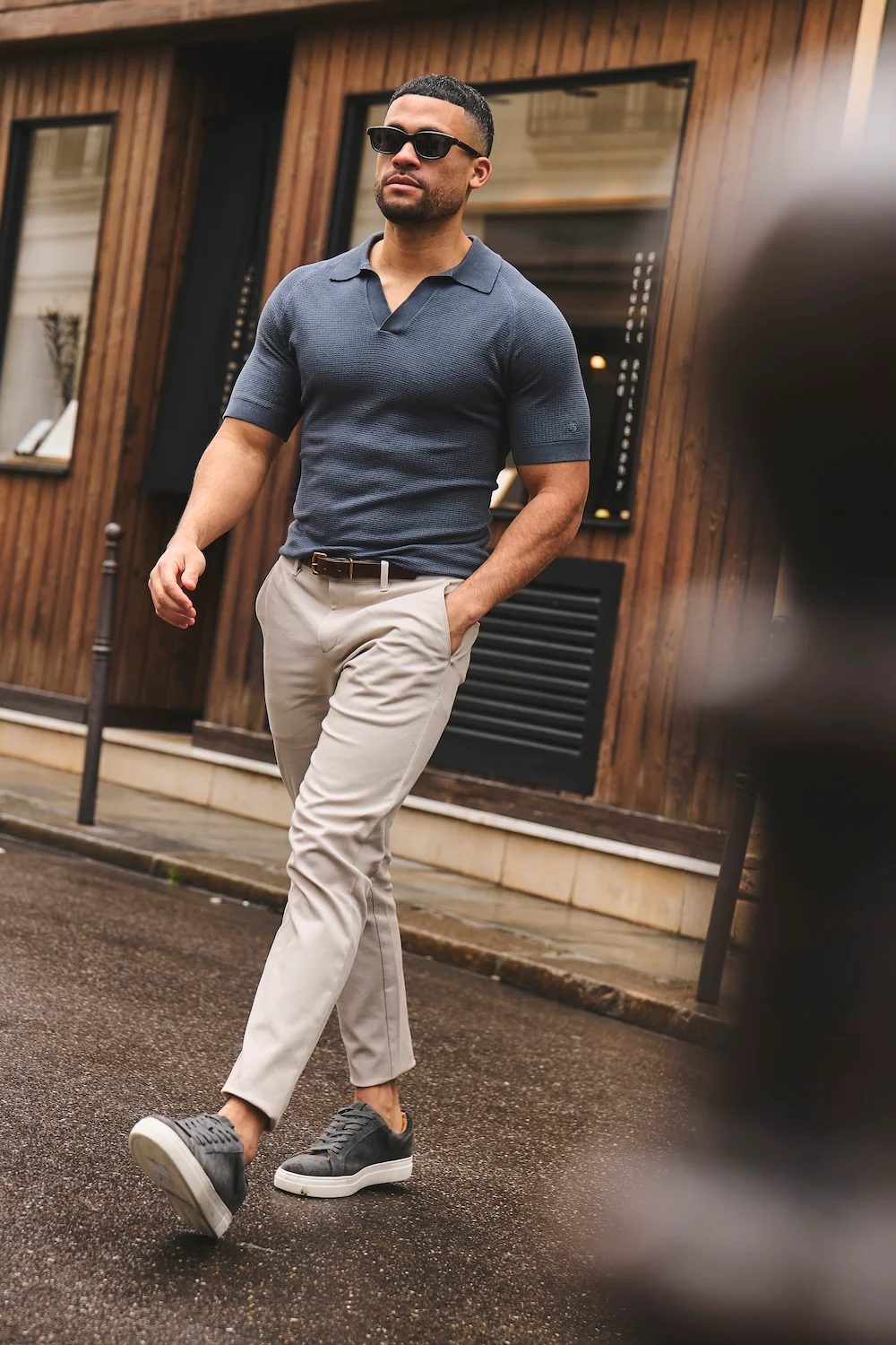 Textured Knitted Open Collar Polo Shirt in Slate Blue - Image 5