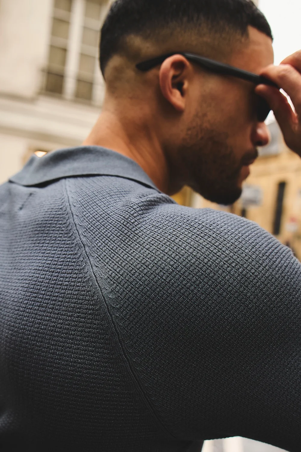 Textured Knitted Open Collar Polo Shirt in Slate Blue - Image 8