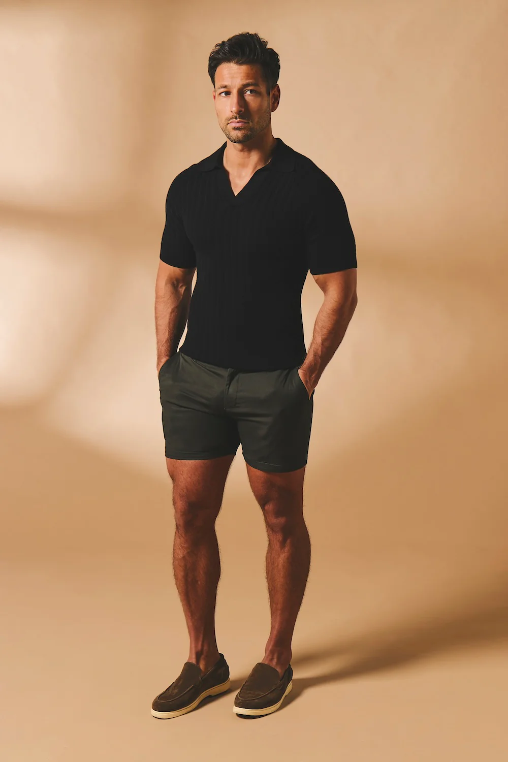 Vertical Stripe Knitted Open Collar Polo Shirt in Black - Image 3