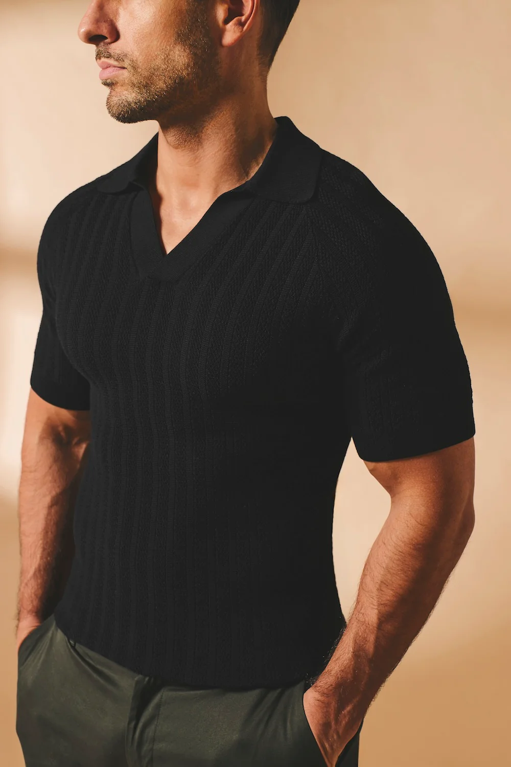 Vertical Stripe Knitted Open Collar Polo Shirt in Black - Image 4
