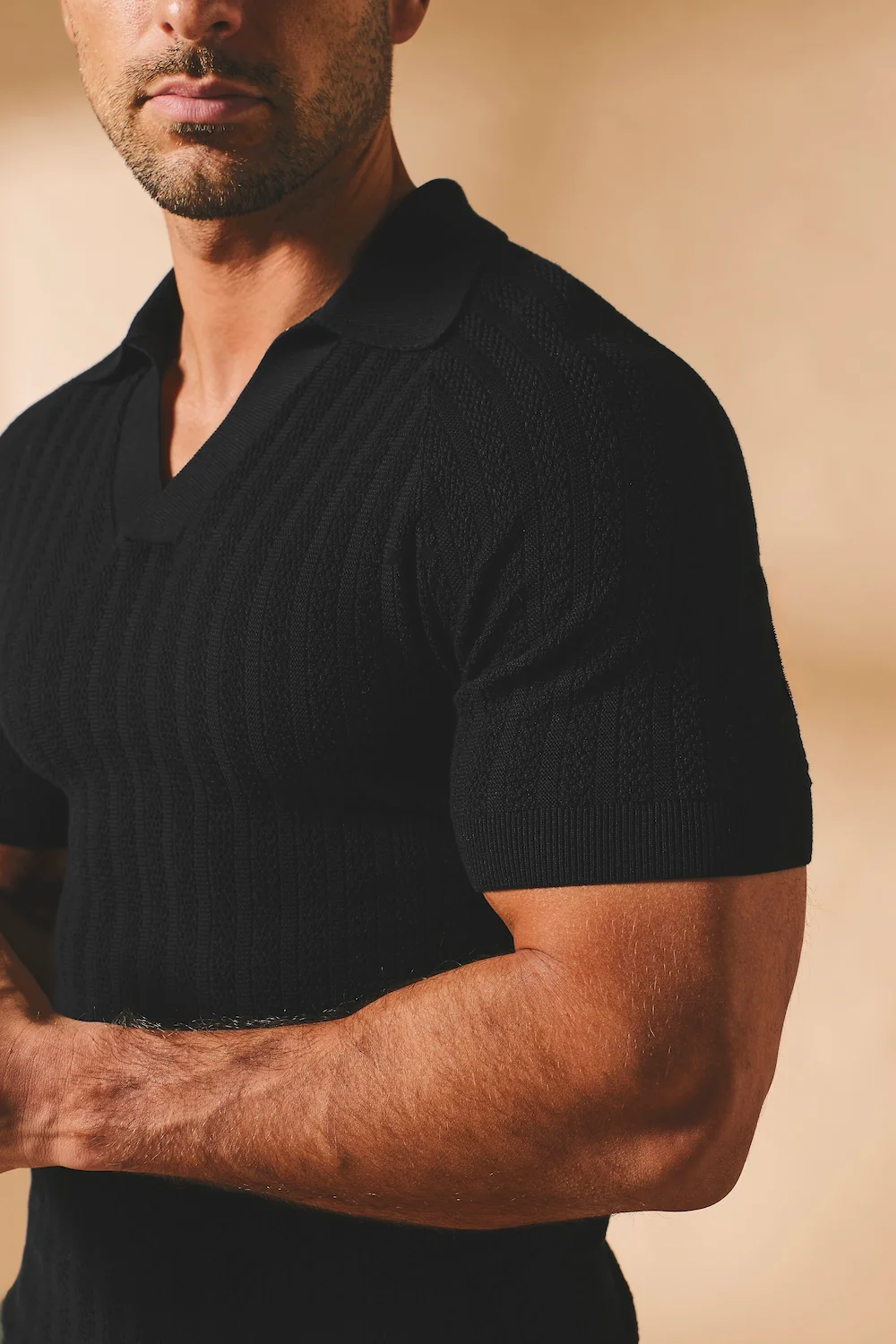 Vertical Stripe Knitted Open Collar Polo Shirt in Black - Image 5