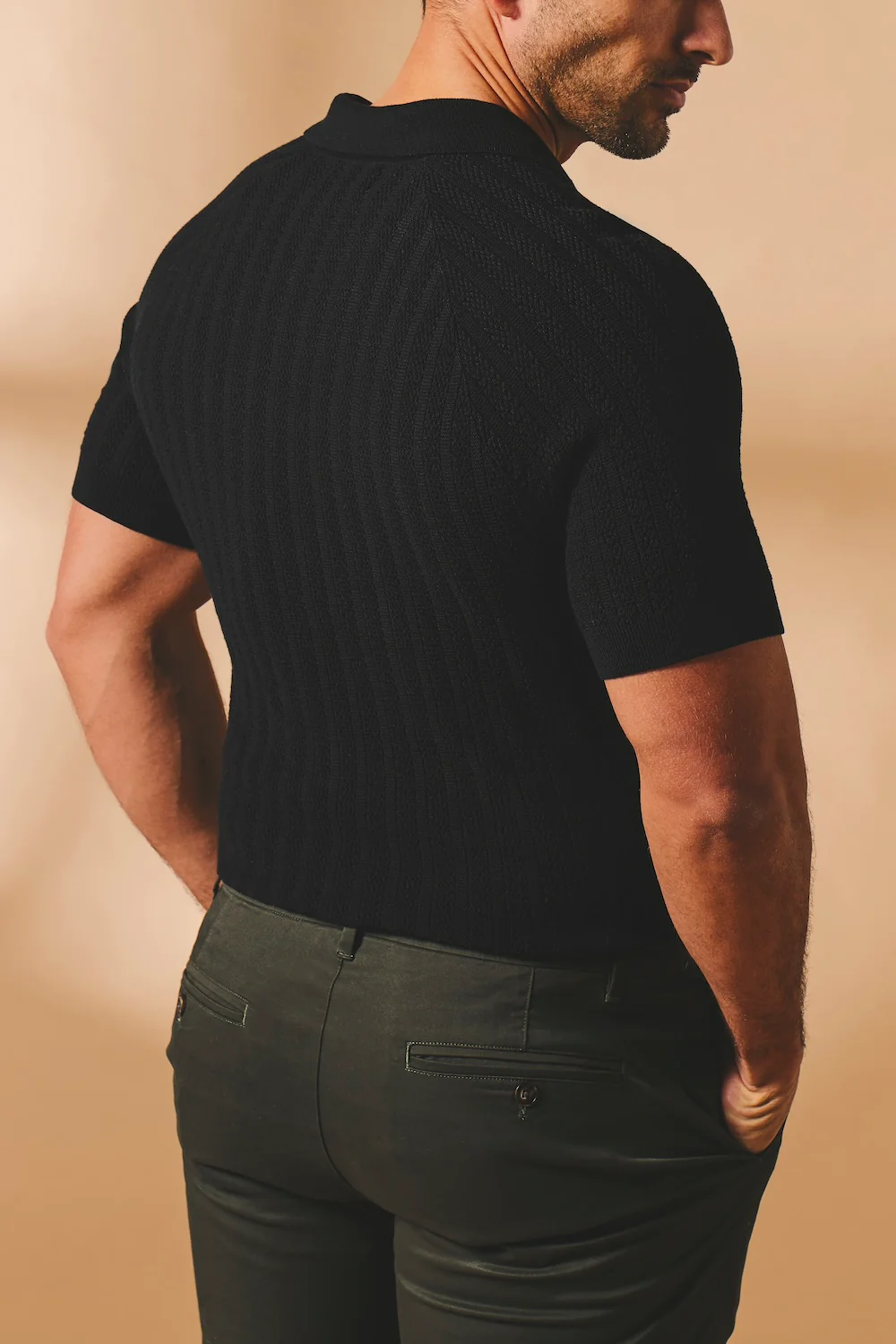 Vertical Stripe Knitted Open Collar Polo Shirt in Black - Image 7